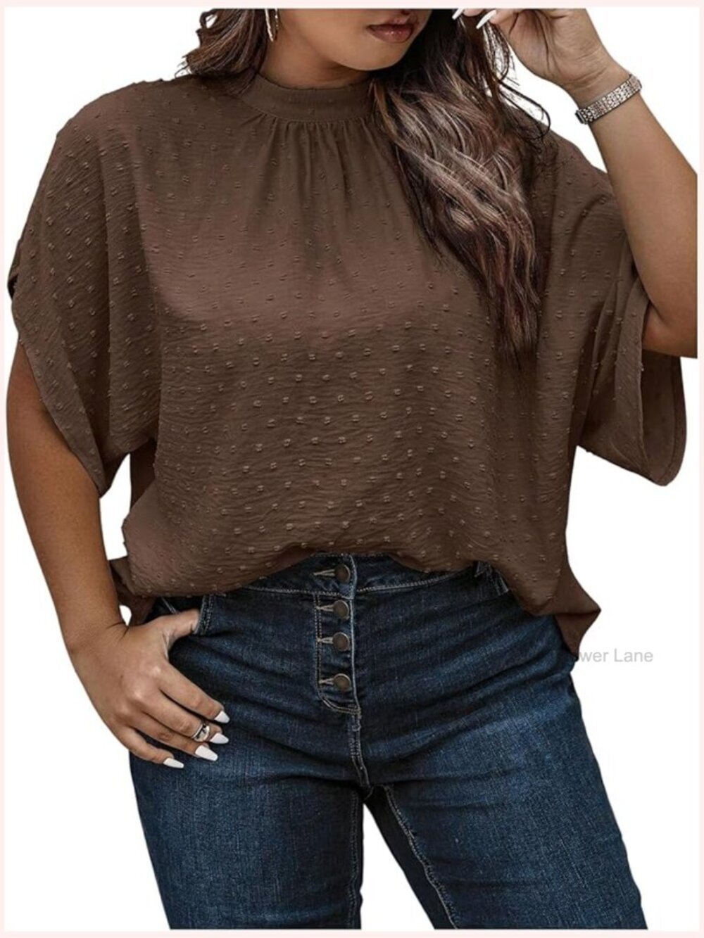 Women's Swiss Dot Mock Neck Blouse Half Sleeve Tie Back Work Blouse